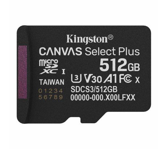 Kingston - MicroSDXC 512GB, Canvas Select Plus, Class 10 UHS-I U3 V10 A1, Read up to 150MB/s_0