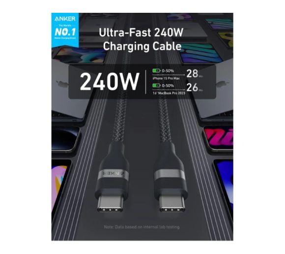 USB tip-C kabl M/M 1.8m, za Super brzo punjenje 240W/480Mbps, pleteni, crni _0