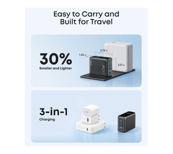 100W GaN zidni brzi punjač, 3-porta (2x USB-C i 1x USB-A) sa USB-C M/M pletenim kablom, tamno sivi _3