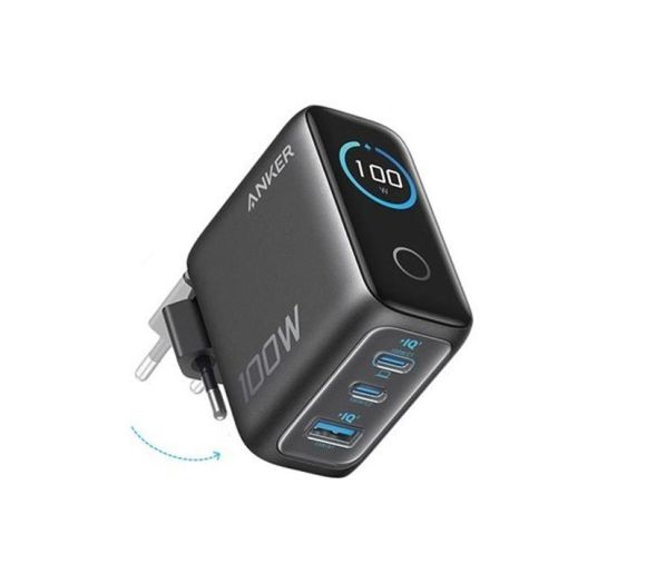 100W GaN zidni brzi punjač, 3-porta (2x USB-C i 1x USB-A) sa USB-C M/M pletenim kablom, tamno sivi _7