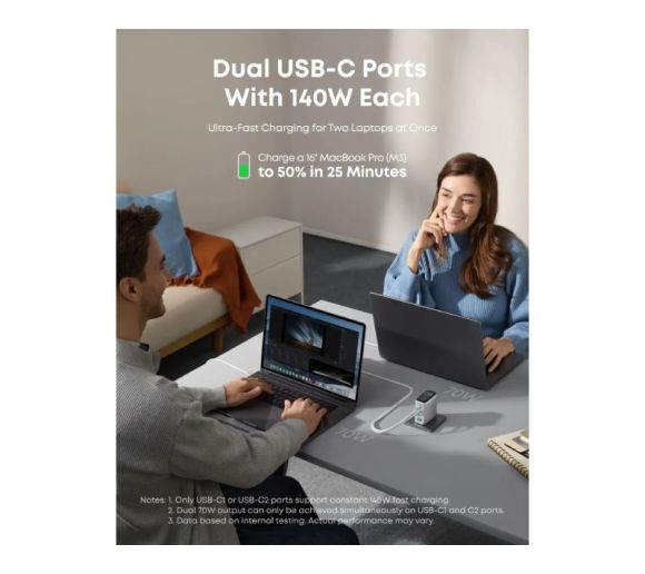 140W GaN zidni brzi punjač, 4-porta (3x USB-C i 1x USB-A) sa USB-C M/M pletenim kablom, srebrni _0