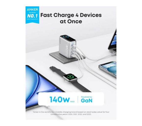 140W GaN zidni brzi punjač, 4-porta (3x USB-C i 1x USB-A) sa USB-C M/M pletenim kablom, srebrni _1