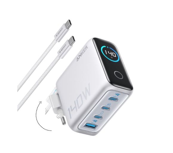 140W GaN zidni brzi punjač, 4-porta (3x USB-C i 1x USB-A) sa USB-C M/M pletenim kablom, srebrni _2