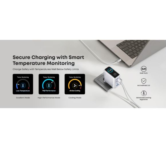 140W GaN zidni brzi punjač, 4-porta (3x USB-C i 1x USB-A) sa USB-C M/M pletenim kablom, srebrni _4