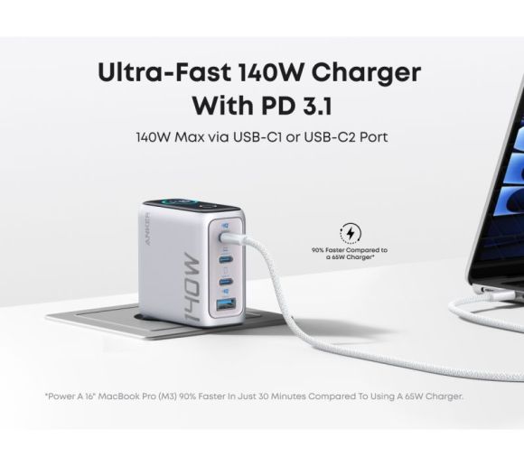 140W GaN zidni brzi punjač, 4-porta (3x USB-C i 1x USB-A) sa USB-C M/M pletenim kablom, srebrni _5