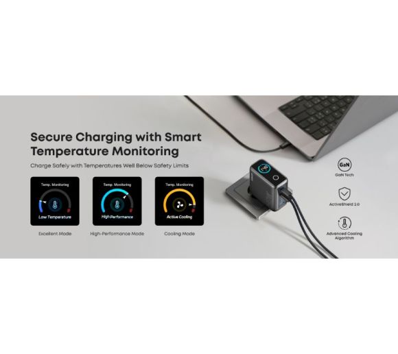 140W GaN zidni brzi punjač, 4-porta (3x USB-C, 1x USB-A) sa USB-C M/M pletenim kablom, tamno sivi _3