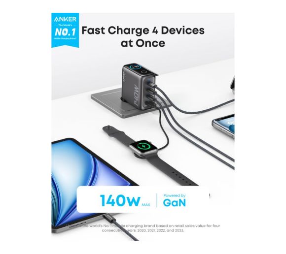 140W GaN zidni brzi punjač, 4-porta (3x USB-C, 1x USB-A) sa USB-C M/M pletenim kablom, tamno sivi _5