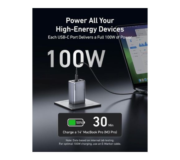 Prime 100W GaN zidni brzi punjač, 3-porta (2x USB-C i 1x USB-A) srebrni _3