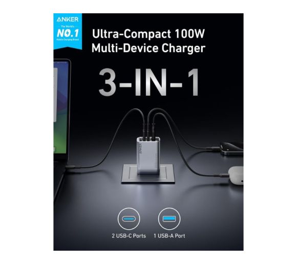 Prime 100W GaN zidni brzi punjač, 3-porta (2x USB-C i 1x USB-A) srebrni _5