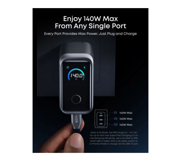 Prime 160W GaN zidni brzi punjač, 3-porta (3x USB-C) srebrni _3