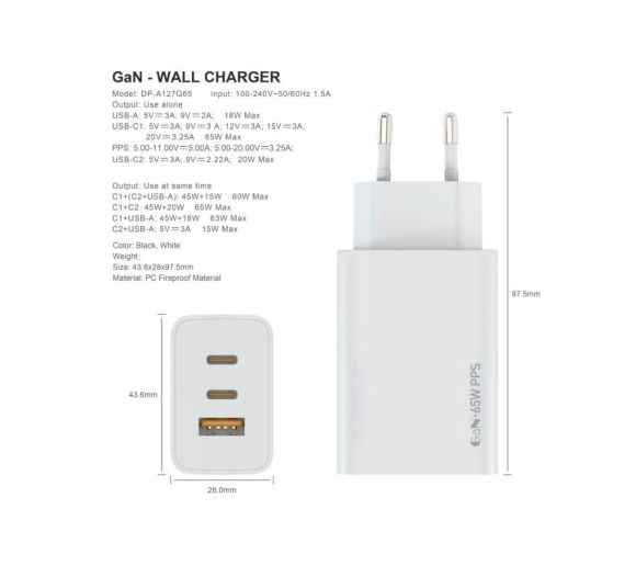 Zidni punjac FULMOVA GAN PD/65W/bela sa USB-C kablom_1