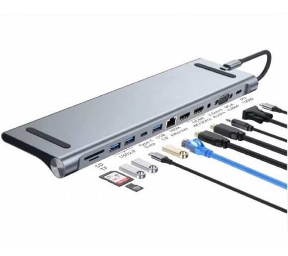 E-GREEN - Multiport USB 3.1 tip C (M) - 2 x HDMI + VGA + 3 x USB 3.0 + 1 x tip C-(PD 100W) + USB 2.0 + 3.5mm + SD/TF + RJ45 (F)1000 Mbps (12 u 1) _0