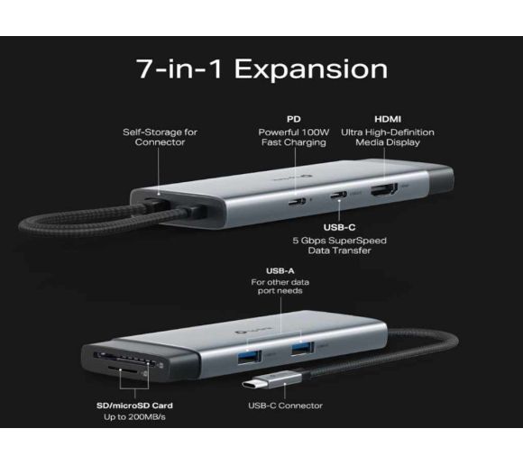 TP-Link - Hub TP-LINK USB Type-C 7-Port Hub/1USB-C /1 HDMI 4K 60Hz Port,1×USB-C PD 100W Port,1×SD_6