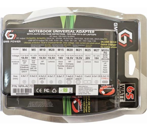 Gembird - NPA-AC7D **Gembird univerzalni laptop punjac AC 65W sa Tip-C + QC3.0 mob. brzi punjac 3A, auto(1640)_2