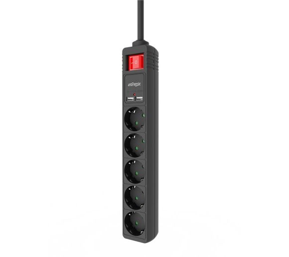 Gembird - Power Strip with USB Charger, 5 sockets + 2 USB Ports, 1.5m, 16A, USB 2.1A, Power Switch, Black_0
