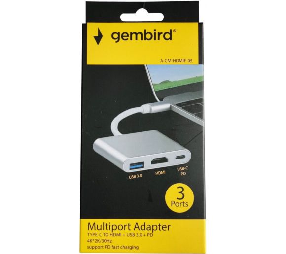 GEMBIRD - A-CM-HDMIF-05 ** Gembird TYPE-C TO HDMI + USB3.0 + PD ALUMINIUM (alt.A-CM-HDMIF-02-SG 1065)_1