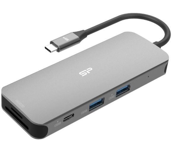 Silicon Power - USB-C 8-in-1 Hub SR30, SD Card-reader, MicroSD Card Reader, 1x HDMI 4K, Gigabit LAN, 2x USB3.2 Gen.1 (up to 5Gbps), 2x USB-C (1x PD2.0 charging up to 100W), Cable 0.15m_0