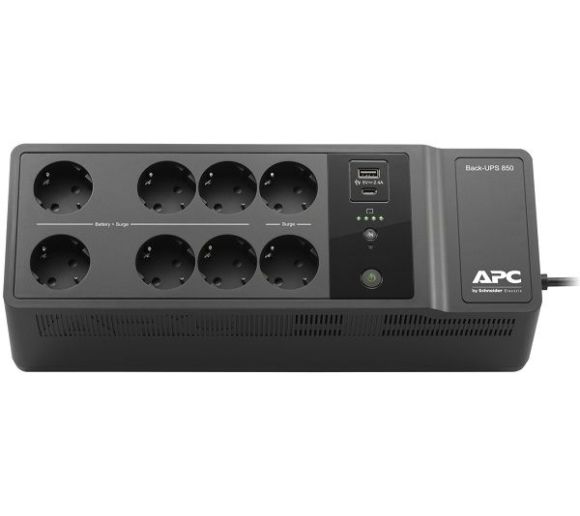APC - APC Back-UPS 850VA, Standby, Floor, 850VA/520W, 230V, AVR, 8x Schuko (6x Full + 2x Surge), USB Type-C & A Fast Charger Ports (Total 2.4A), PF 0.61 (Full load), Battery 9Ah (RBC17), Line Protection RJ-45_0