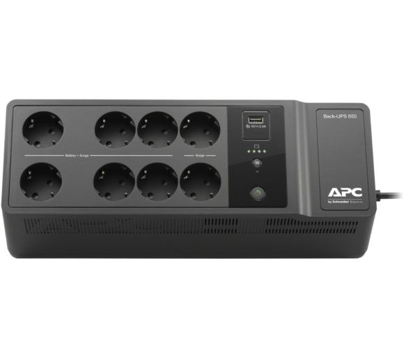 APC - APC Back-UPS 650VA, Standby, Floor, 650VA/400W, 230V, AVR, 8x Schuko (6x Full + 2x Surge), USB Type-A Fast Charger Port (2.4A), PF 0.61 (Full load), Battery 7Ah (APCRBC110), Line Protection RJ-45_0
