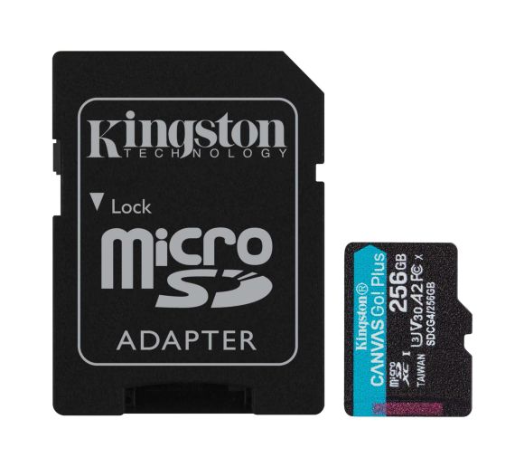 Kingston - MicroSD 256GB, Canvas Go! Plus, Class10 UHS-I U3 V30 A2, Read up to 200MB/s, Write up to 160MB/s, for 4K and FullHD video recording, w/SD adapter_0