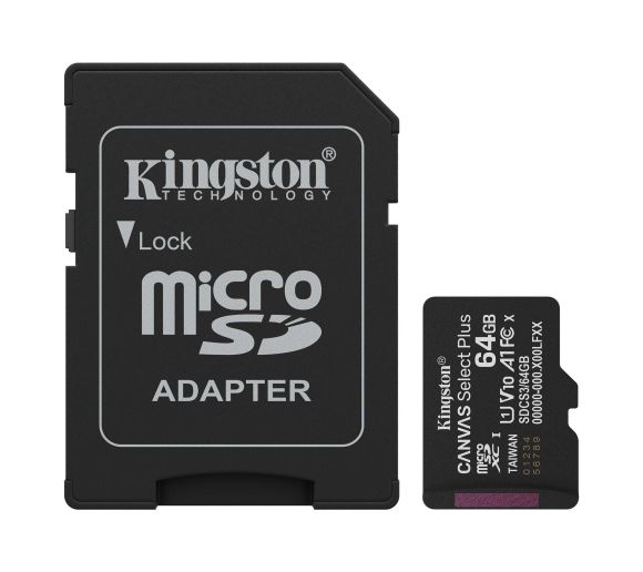 Kingston - MicroSD 64GB, Canvas Select Plus, Class 10 UHS-I U1 V10 A1, Read up to 100MB/s, w/SD adapter_0
