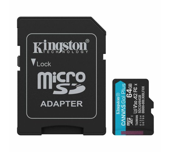 Kingston - MicroSD 64GB, Canvas Go! Plus, Class10 UHS-I U3 V30 A2, Read up to 200MB/s, for 4K and FullHD video recording, w/SD adapter_0