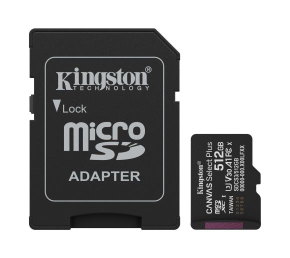 Kingston - MicroSD 512GB, Canvas Select Plus, Class 10 UHS-I U3 V30 A1, Read up to 150MB/s, w/SD adapter_0