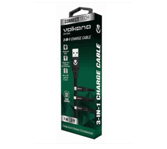 Kabl Volkano VK-20086-BK Slim Series Flat PVC 3-in-1 USB-C/Lightning/Micro_1