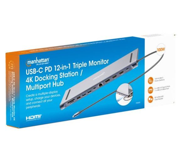 Manhattan - Docking station Manhattan 12in1 USB-C 100W-2xHDMI/DP/GLAN/3xUSB/USB-C 190305_1