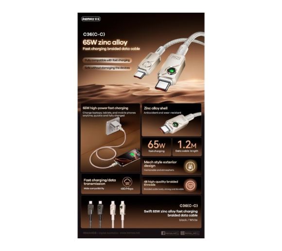 Kabl Swift Fast charging braided data cable 1.2M C36 65W(C-C) beli _0