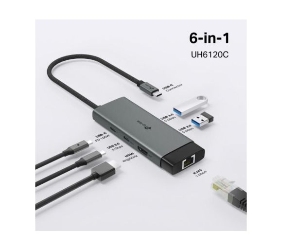 TP-Link - Hub TP-LINK UH6120C USB Type-C 6-Port Hub/1×USB-C/1× HDMI 4K 60Hz Port/1  USB-C PD 100W Port/1× RJ4_5